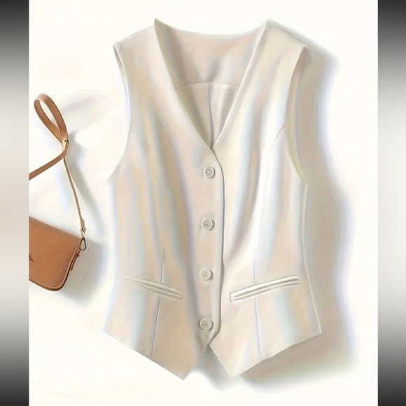 NEW Elegant White V-Neck Sleeveless Vest for Women - Button Front - Picture 4 of 5